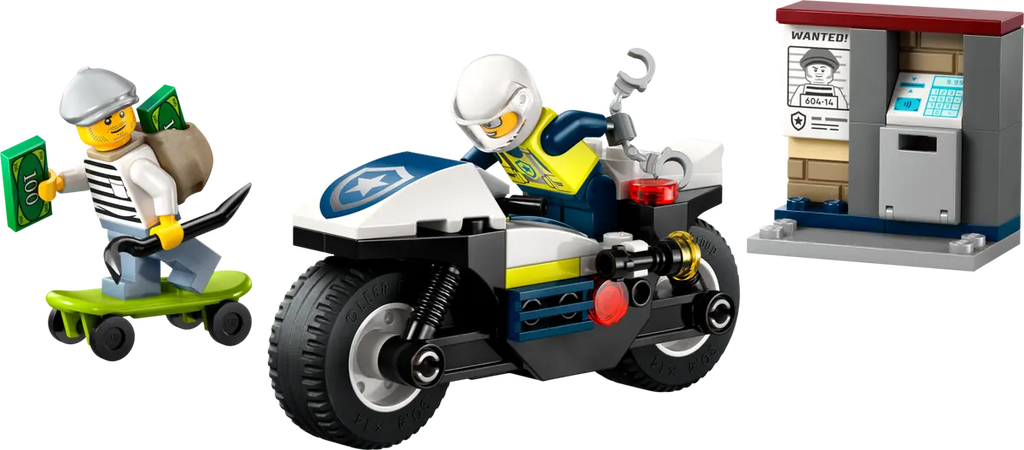 Moto de policía LEGO armada junto al ladrón en patineta y el cajero automático