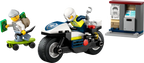 Moto de policía LEGO armada junto al ladrón en patineta y el cajero automático