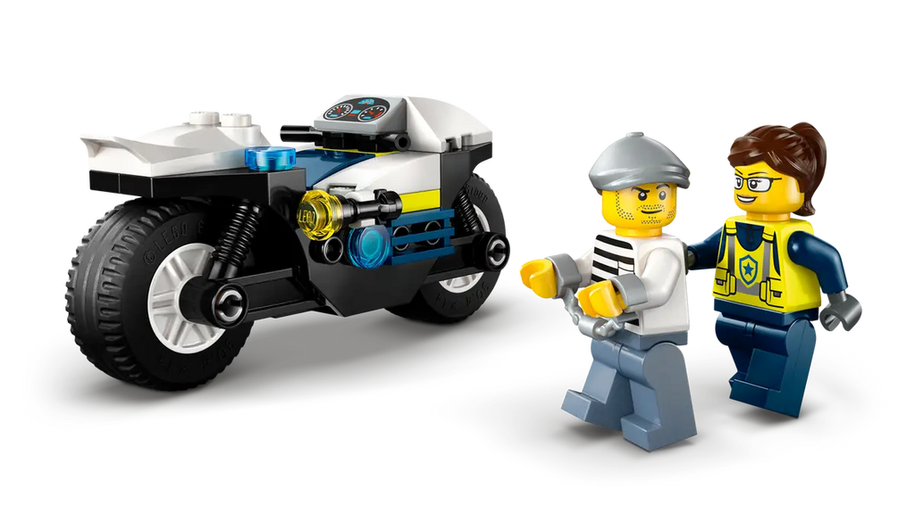 Minifiguras de policía y ladrón LEGO City junto a la moto policial