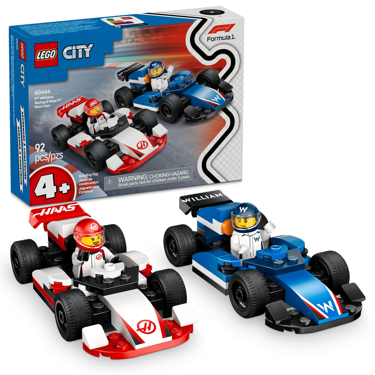 Caja del set LEGO City 60464 Autos de F1 Williams Racing y Haas F1 junto a los autos