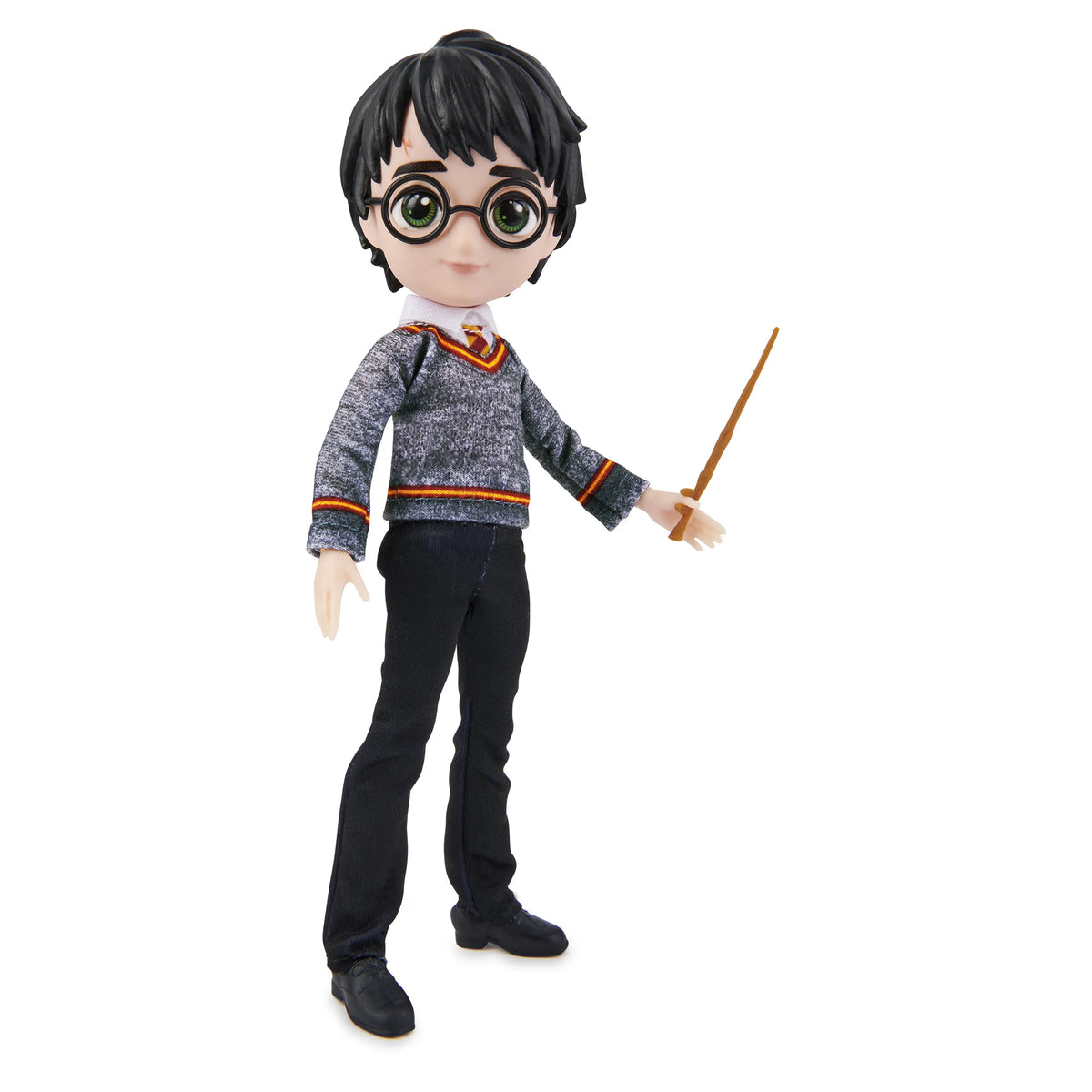 Muñeco Harry Potter de cuerpo entero con uniforme de Gryffindor sosteniendo la varita
