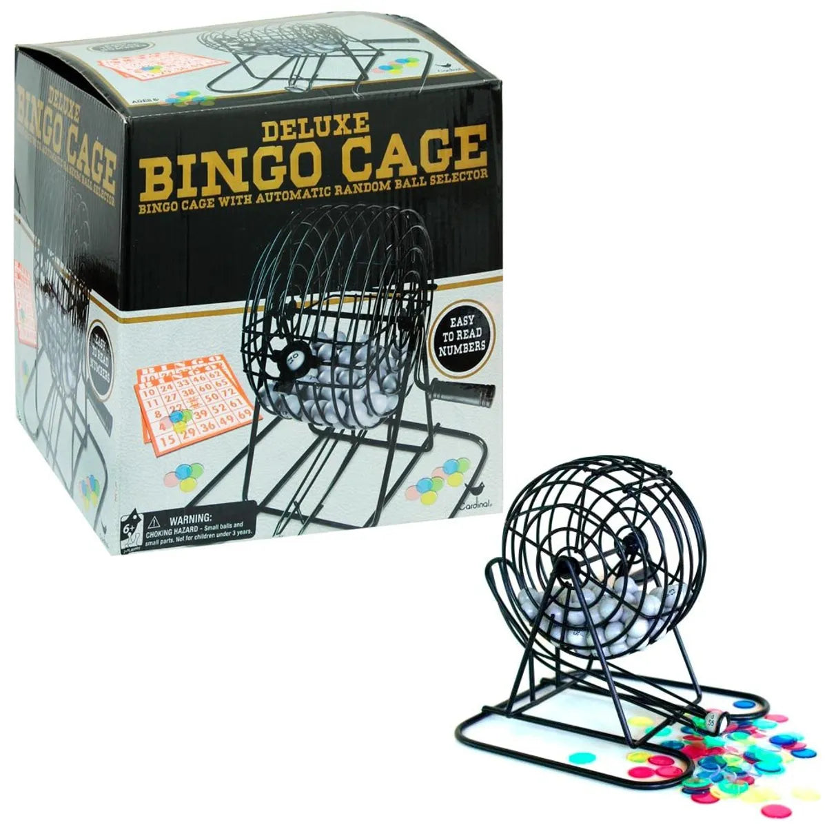 Caja del juego Deluxe Bingo Cage junto a la tómbola metálica con fichas de colores