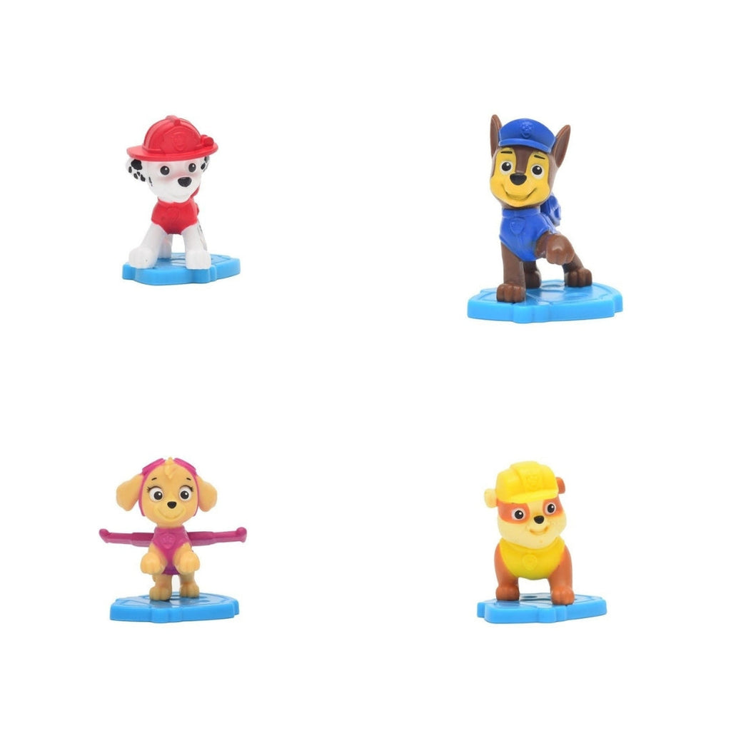 Cuatro mini figuras Paw Patrol con base: Marshall, Chase, Skye y Rubble
