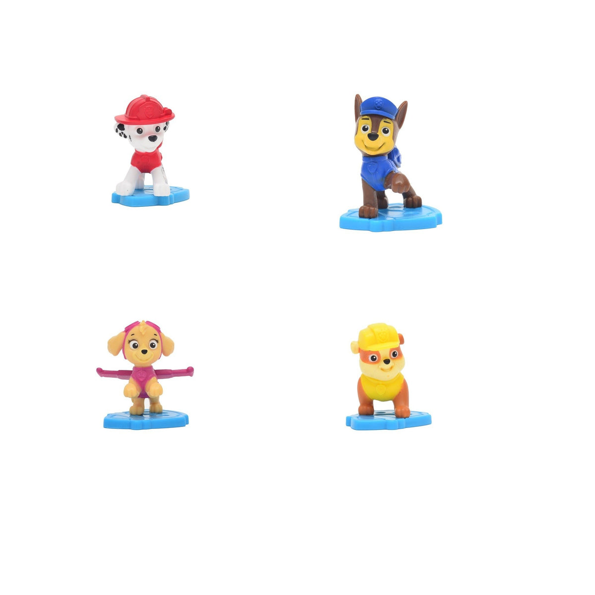 Mini figuras de Marshall, Chase, Skye y Rubble sobre base celeste, vista frontal