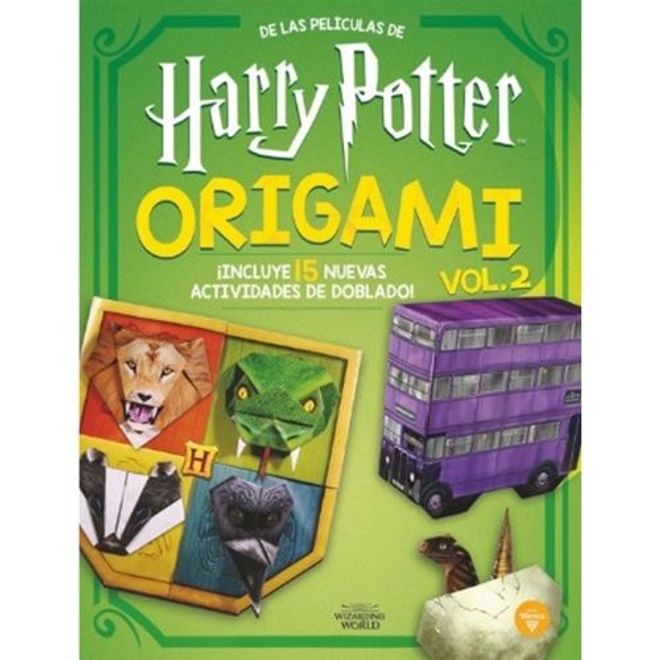 Portada verde del libro Harry Potter Origami vol. 2 con escudo de Hogwarts y autobús noctámbulo de papel
