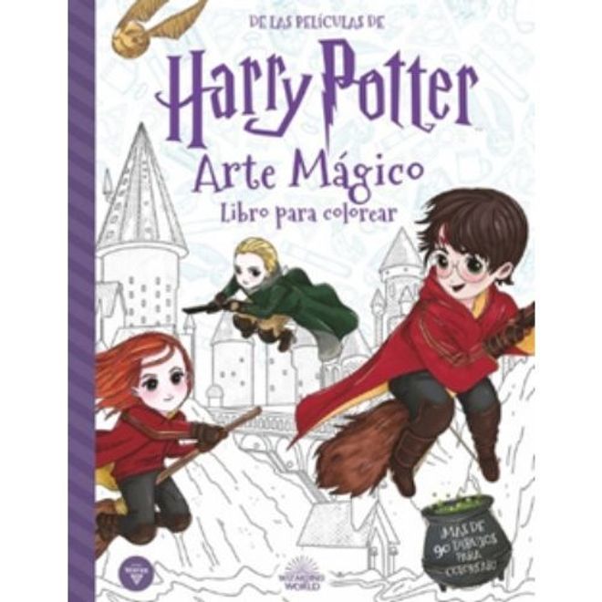 Portada del libro para colorear Harry Potter Arte mágico con Harry, Ginny y Draco en escoba sobre Hogwarts