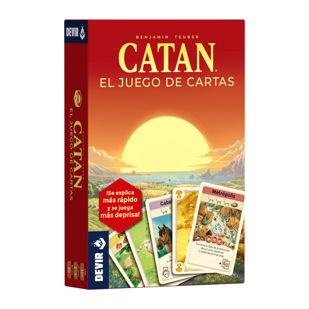 Caja de Catan el juego de cartas de Devir vista en 3D con cartas de Metrópolis y Caballero