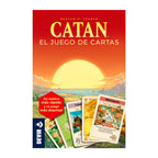 Portada de Catan el juego de cartas con paisaje al atardecer y cartas del juego