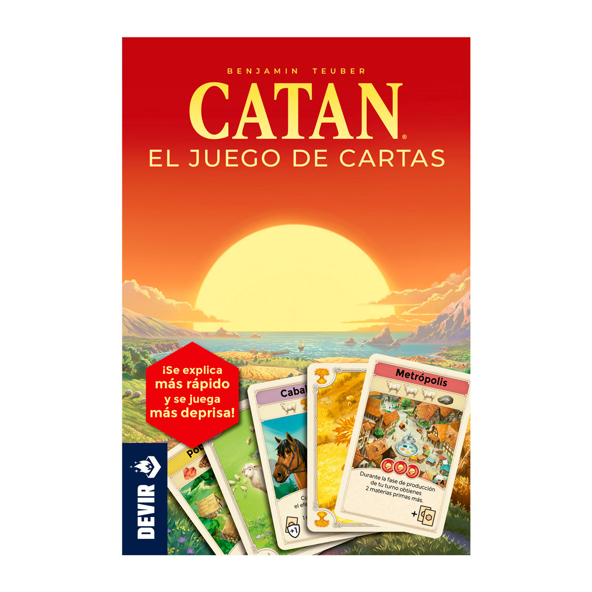 Portada de Catan el juego de cartas con paisaje al atardecer y cartas del juego