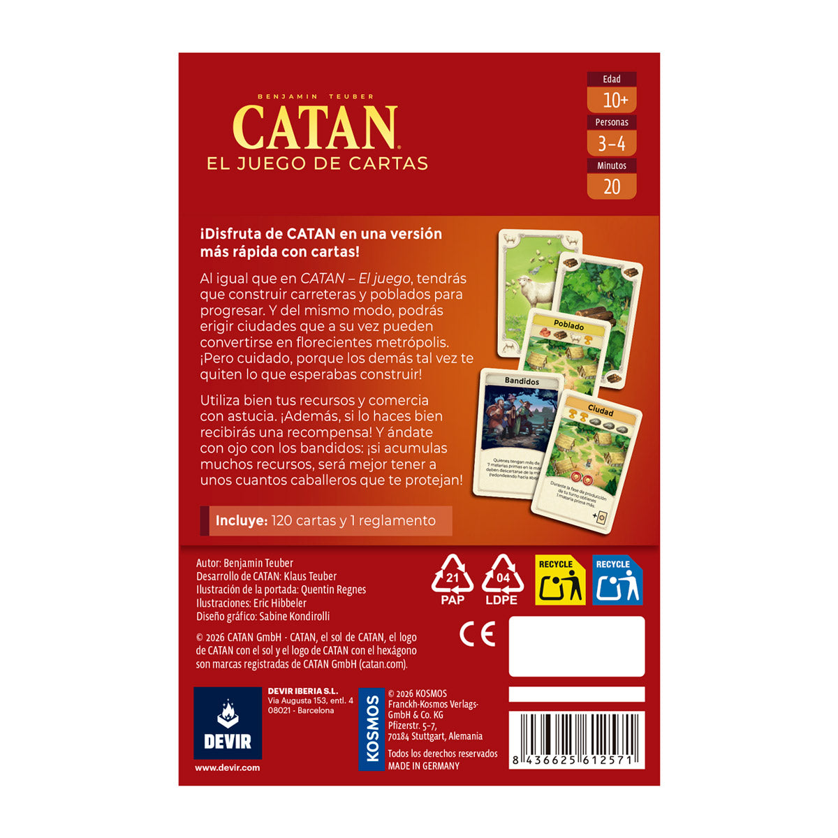 Reverso de la caja de Catan el juego de cartas con edad 10+, 3 a 4 personas y 20 minutos