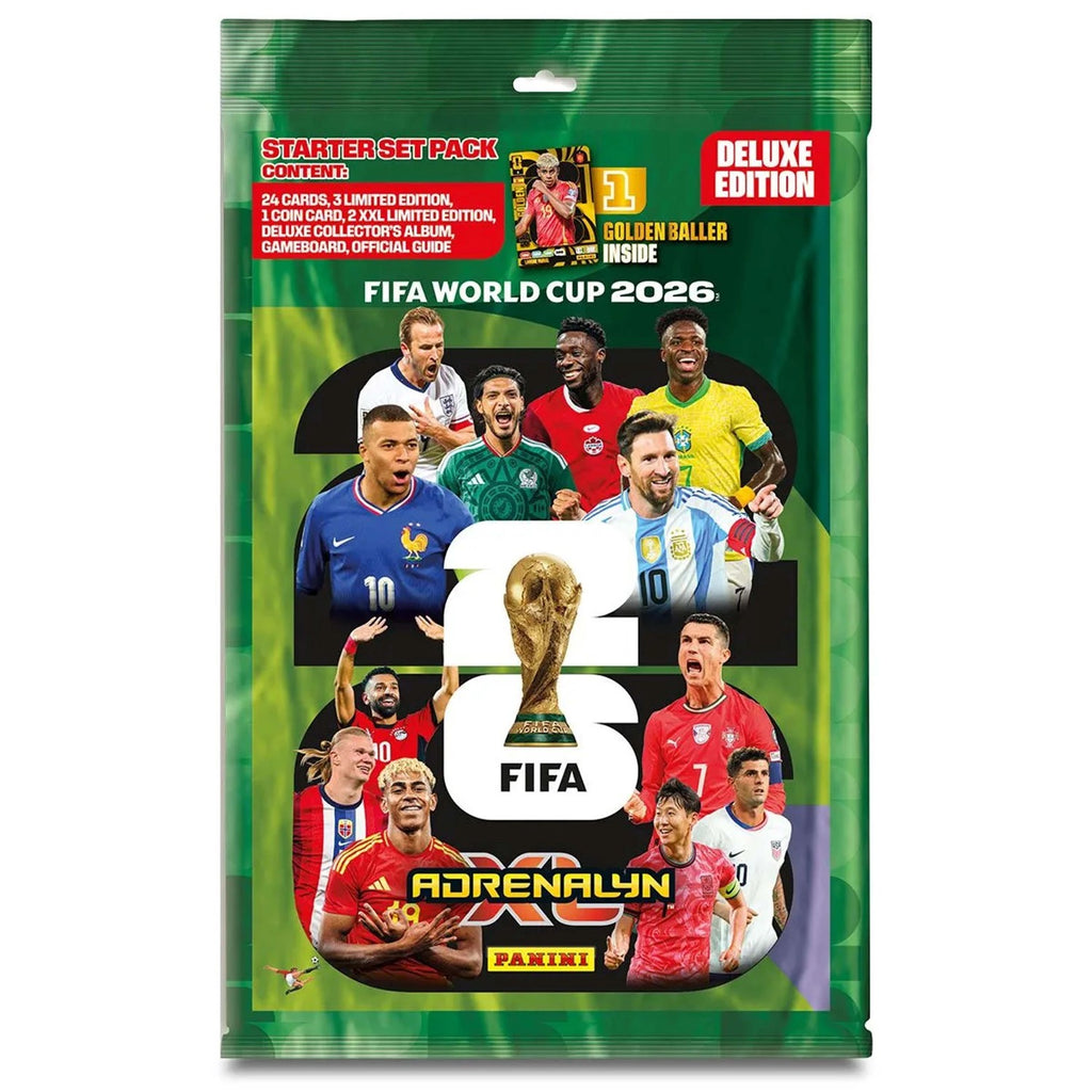 Empaque Starter Pack Deluxe Edition Adrenalyn XL FIFA World Cup 2026 de Panini con jugadores en portada