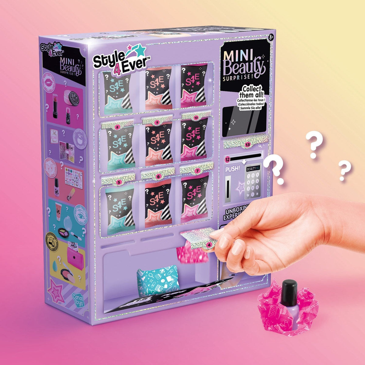 Mano sacando una sorpresa del dispensador de belleza
