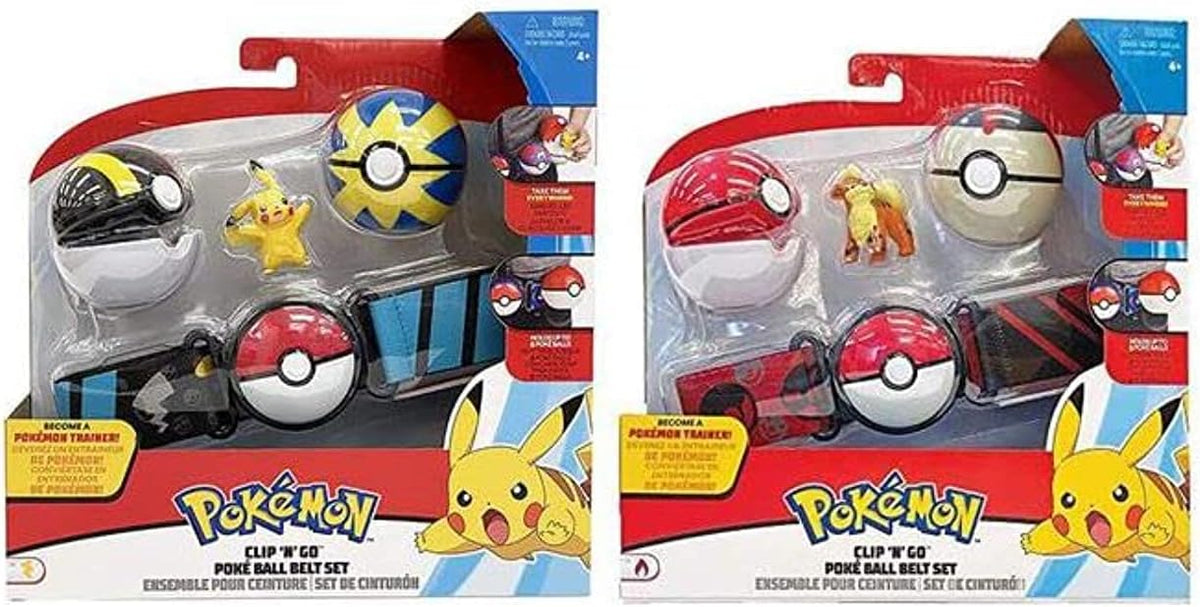 Surtido de sets Pokémon Clip 'N' Go: cinturón con 2 Poké Balls y figura de Pikachu u otro Pokémon, en empaque