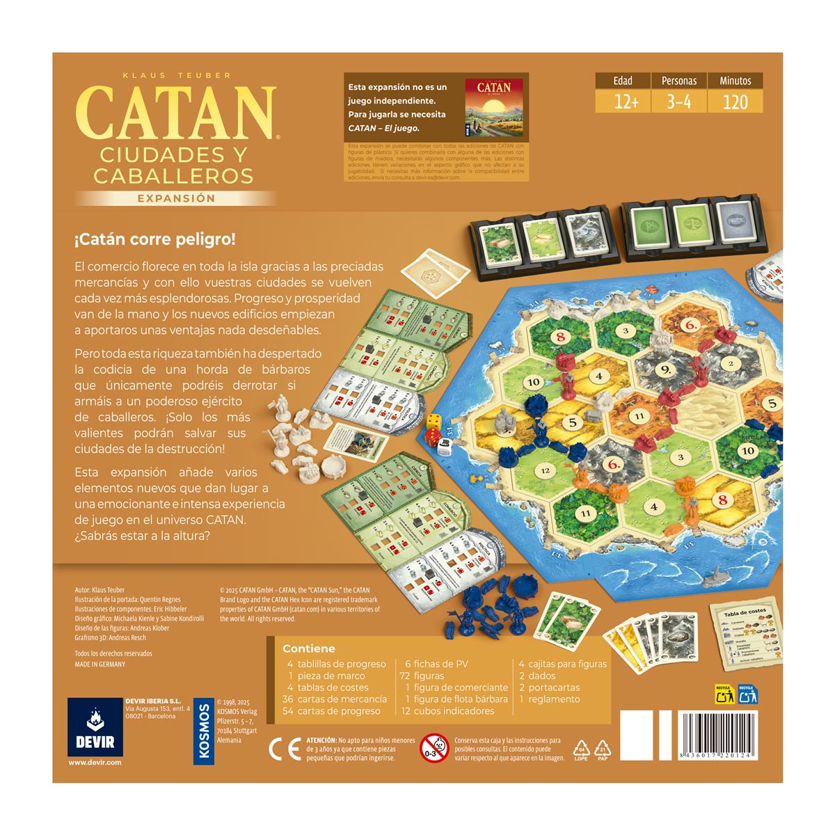 Reverso de la caja con tablero de Catan, caballeros, cartas y datos de 3 a 4 jugadores
