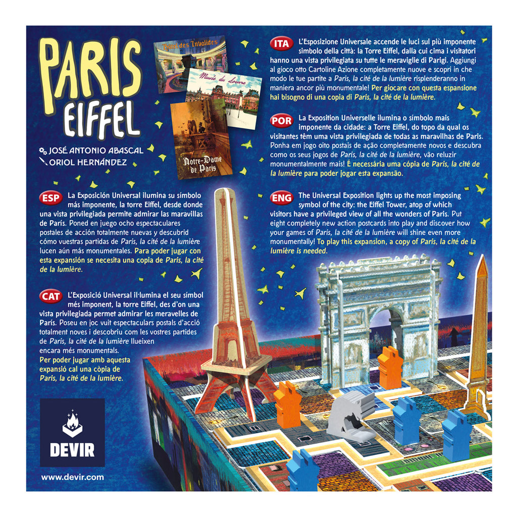 Reverso de la caja de Paris Eiffel con monumentos en 3D sobre el tablero