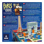 Reverso de la caja de Paris Eiffel con monumentos en 3D sobre el tablero