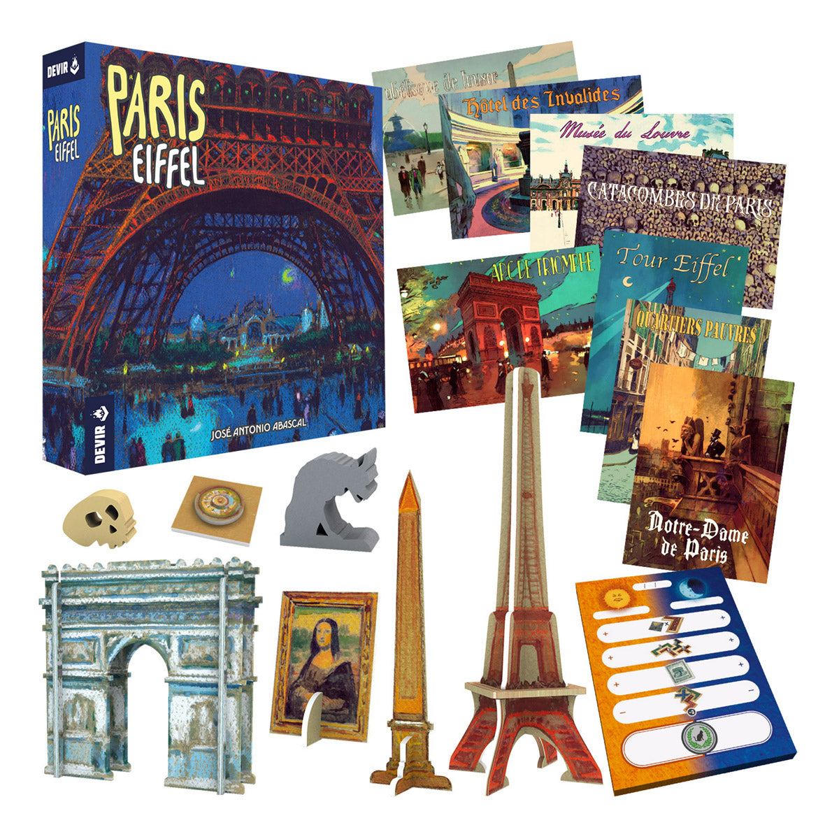 Componentes de Paris Eiffel: postales de acción, Torre Eiffel, Arco del Triunfo y obelisco en 3D