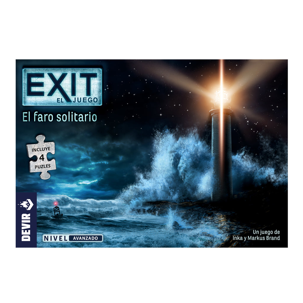 Portada de Exit El faro solitario con un faro iluminado en medio de la tormenta