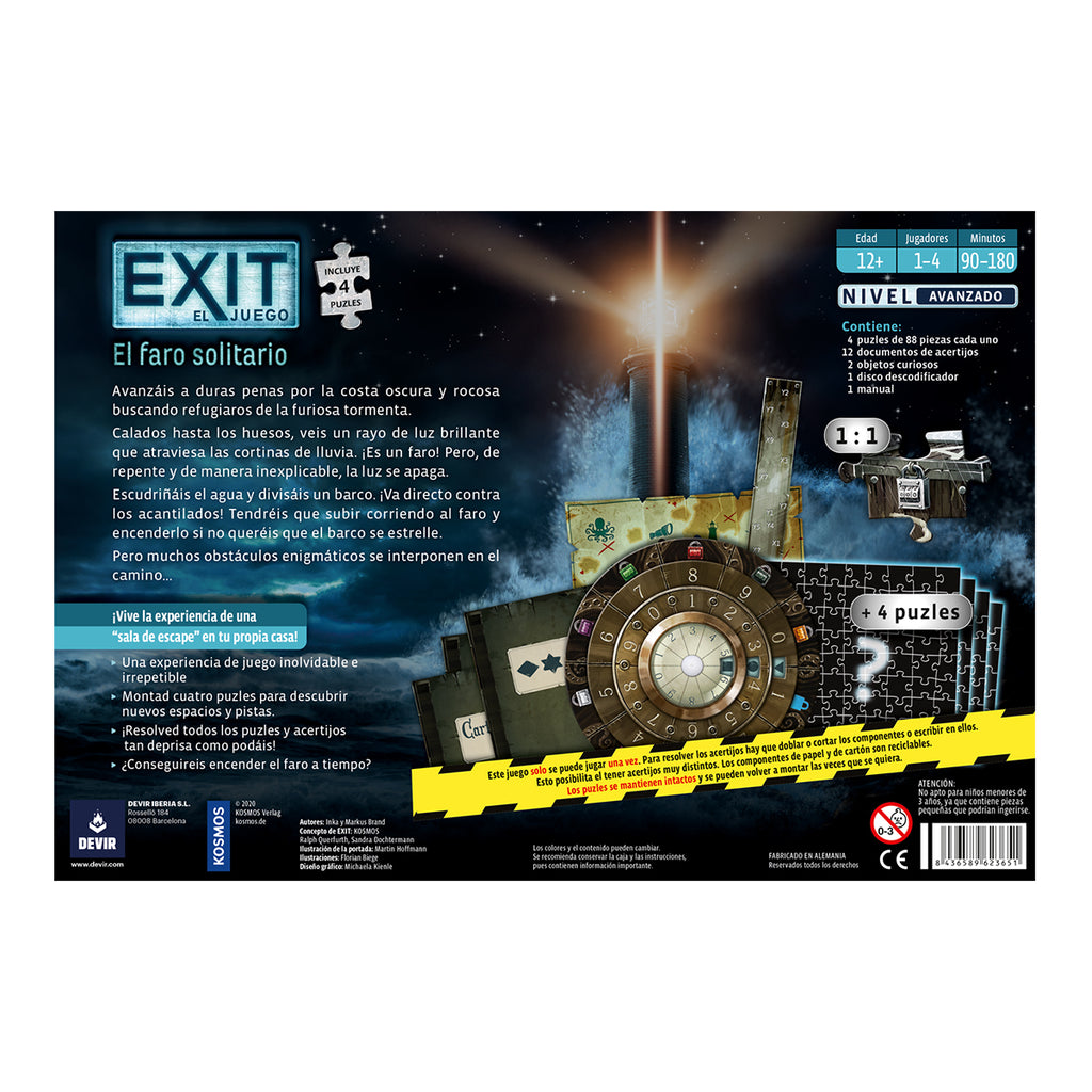 Reverso de la caja de Exit El faro solitario con edad 12+, 1 a 4 jugadores y contenido