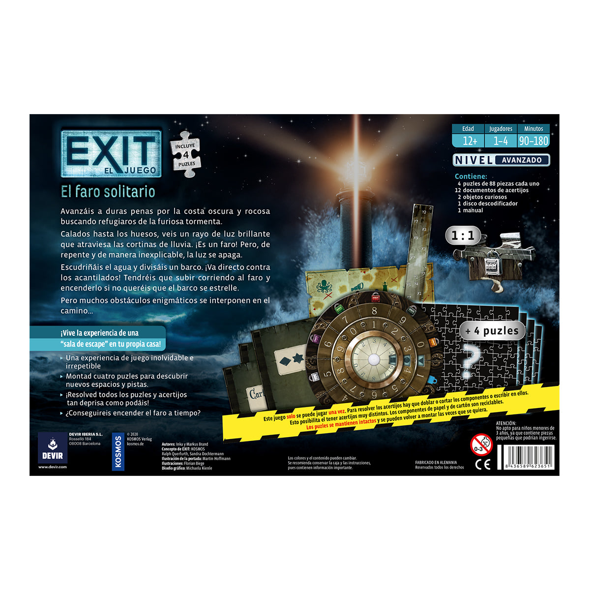Reverso de la caja de Exit El faro solitario con edad 12+, 1 a 4 jugadores y contenido