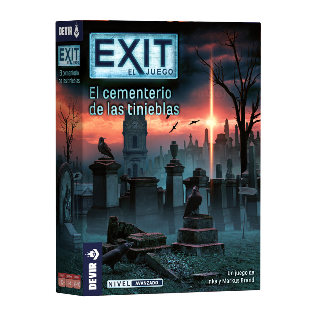 Caja del juego Exit El cementerio de las tinieblas de Devir, vista frontal en 3D