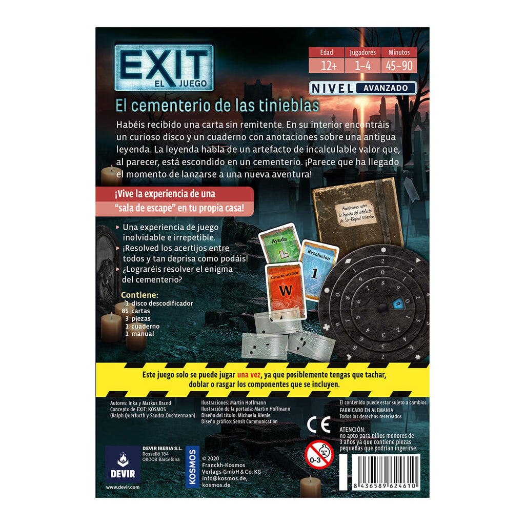 Reverso de la caja Exit El cementerio de las tinieblas con contenido, edad 12+ y 1 a 4 jugadores
