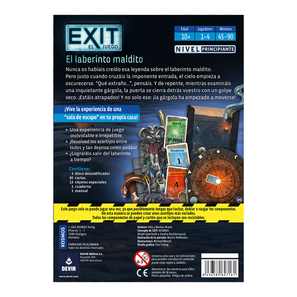 Reverso de la caja Exit El laberinto maldito con edad 10+, 1 a 4 jugadores y contenido
