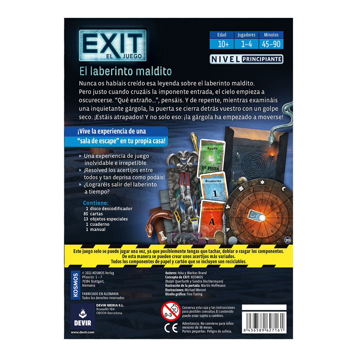 Reverso de la caja Exit El laberinto maldito con edad 10+, 1 a 4 jugadores y contenido