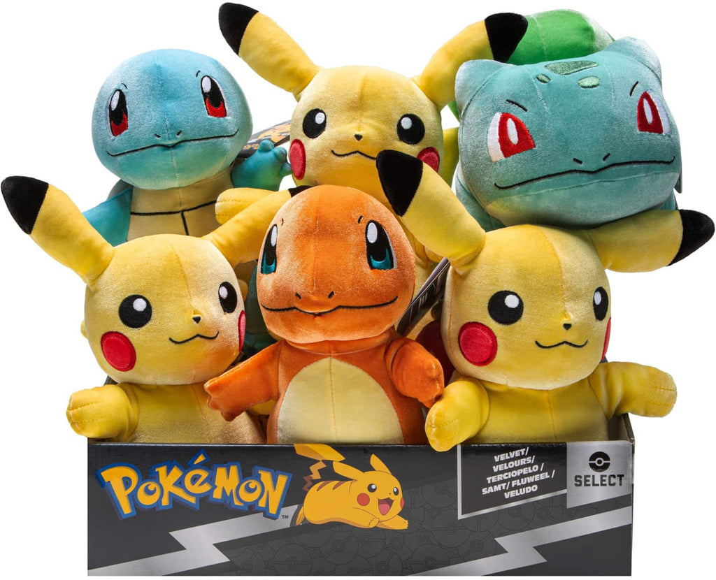 Exhibidor de peluches Pokémon Select Velvet de 20 cm con Pikachu, Charmander, Squirtle y Bulbasaur