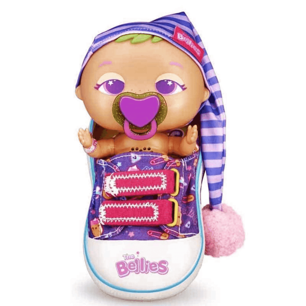 Vista frontal de la zapatilla cama morada de The Bellies con gorro de dormir rayado