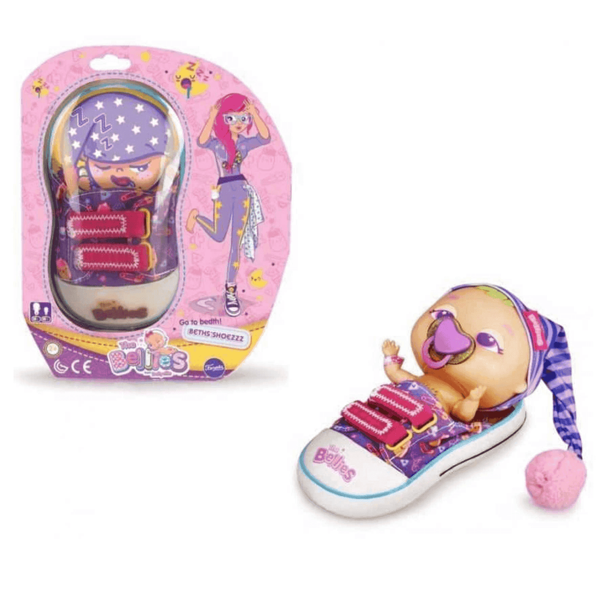 Blíster de Beth's Shoezzz The Bellies junto a la zapatilla con Bellie dormido