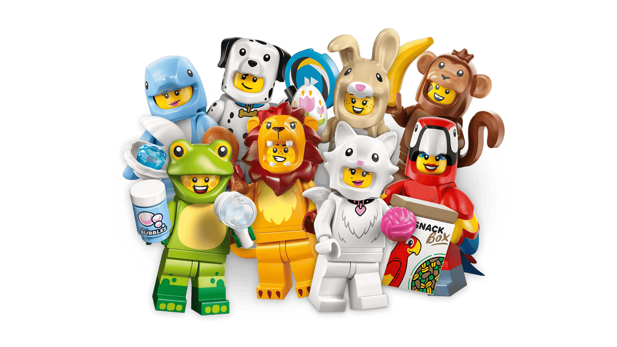 Grupo de minifiguras LEGO Serie 28 con disfraz de rana, león, gato y loro
