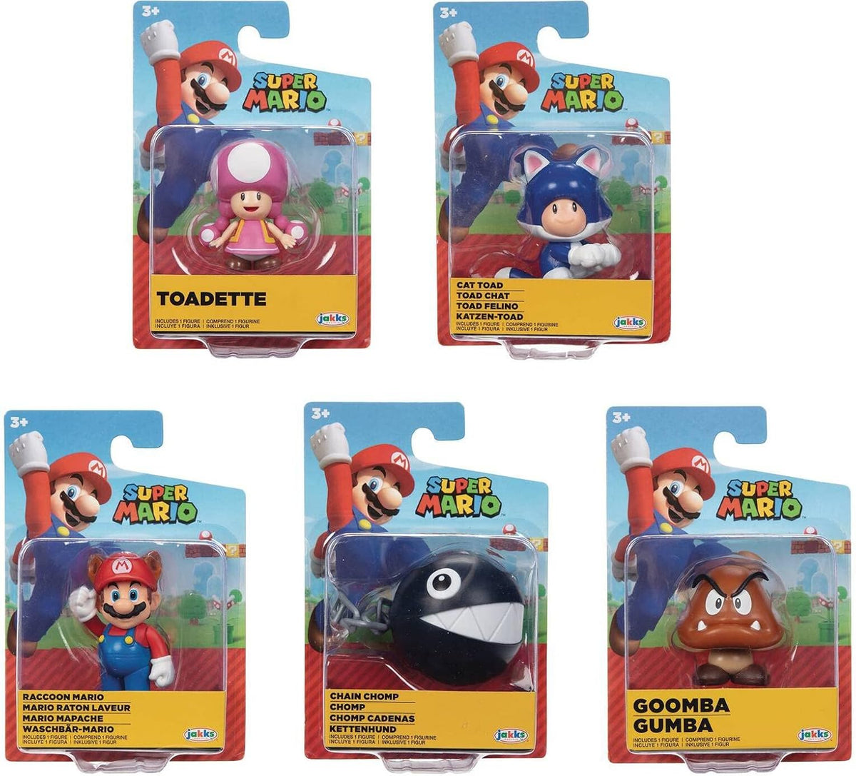 Surtido figuras Super Mario 2,5 pulgadas Wave 37 en blíster: Toadette, Cat Toad, Mario mapache, Chain Chomp y Goomba