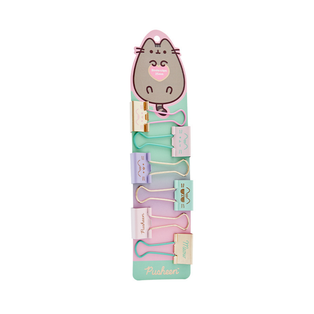 Set de 6 clips binder Pusheen de 25 mm en colores pastel y dorado sobre cartón con la gata Pusheen