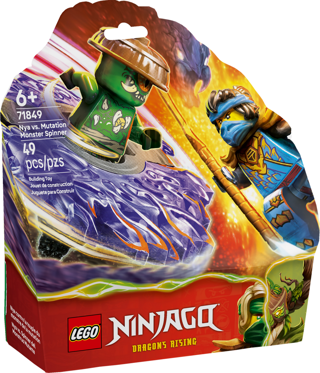 Caja del set LEGO Ninjago 71849 Nya vs. spinner del monstruo mutante, 49 piezas