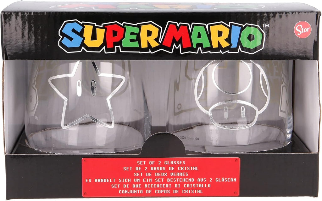 Caja del set de 2 vasos de cristal Super Mario de Stor con estrella y champiñón