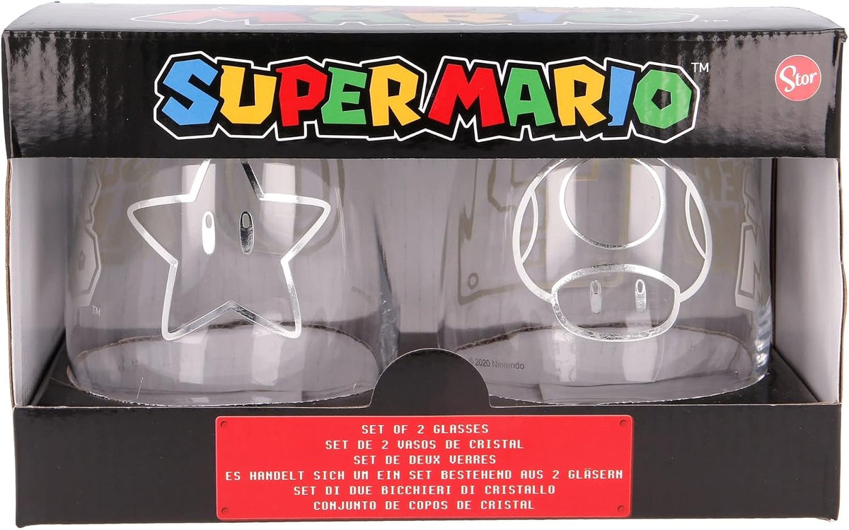 Caja del set de 2 vasos de cristal Super Mario de Stor con estrella y champiñón