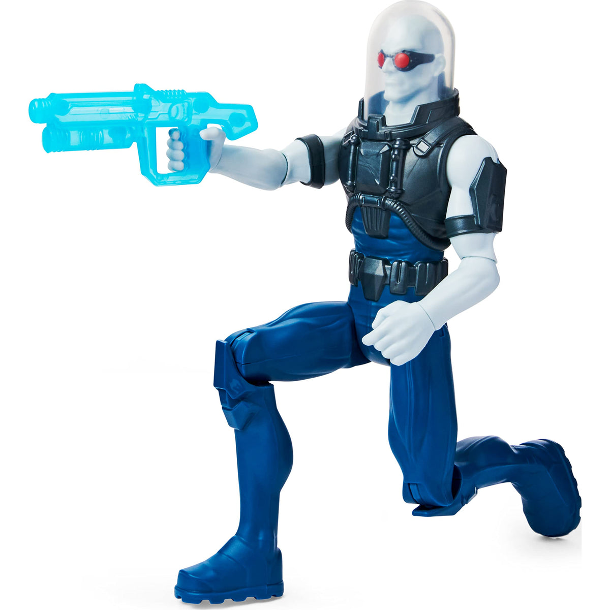 Mr. Freeze de 30 cm arrodillado apuntando con su pistola de hielo celeste