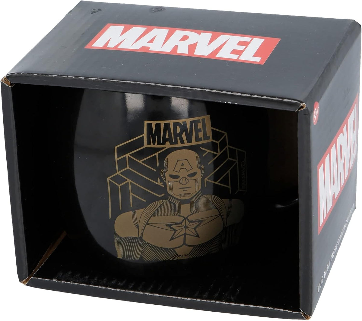 Tazón redondo de cerámica negro Marvel con Capitán América, en su caja de regalo