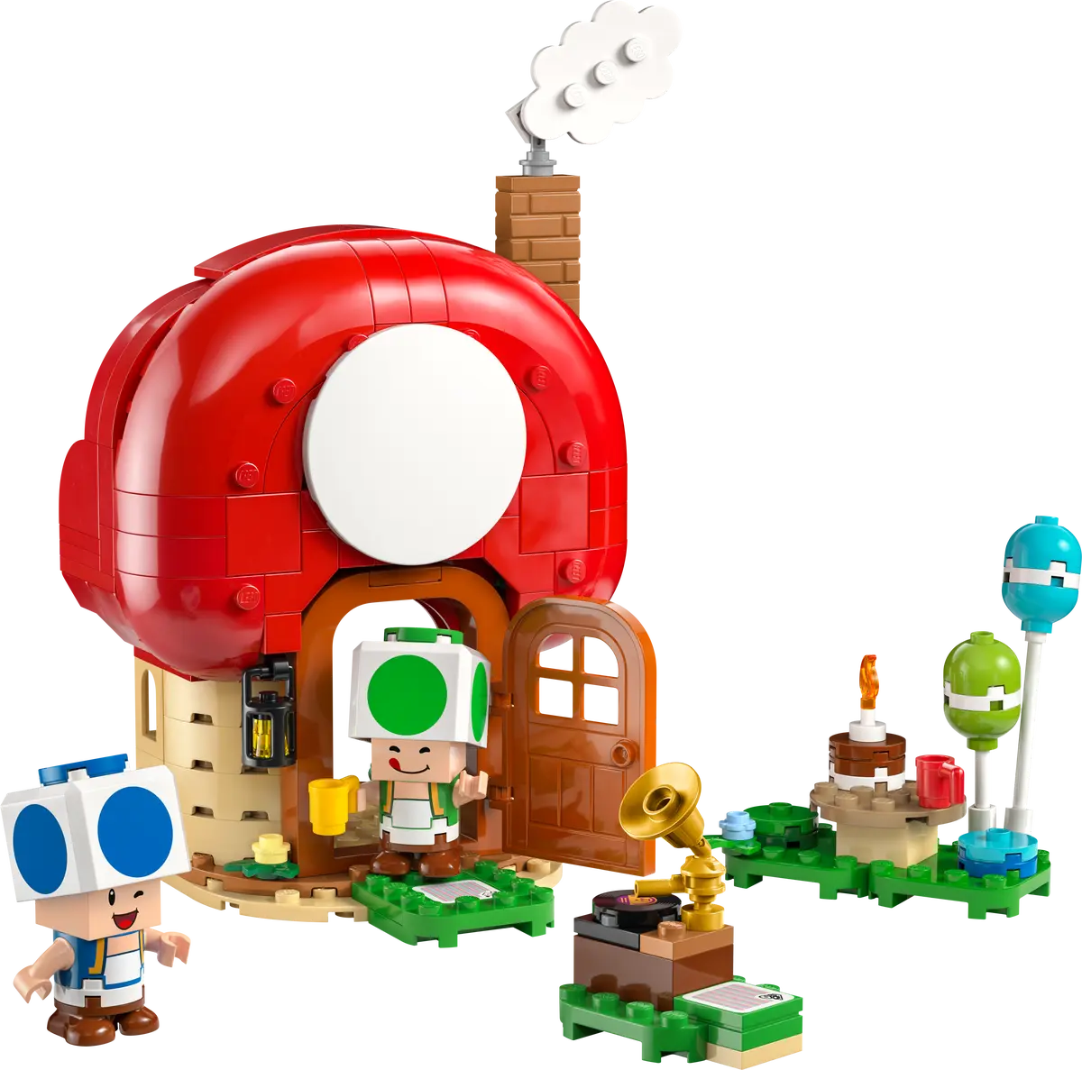 Casa de Toad armada con Toad azul, Toad verde, gramófono, torta y globos