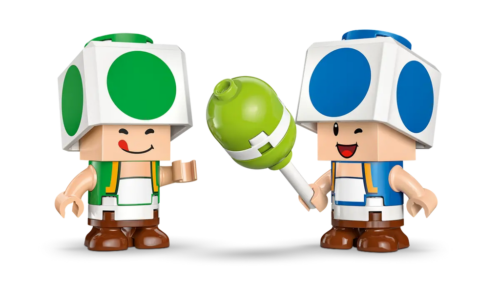 Figuras LEGO de Toad verde y Toad azul con accesorio de fiesta