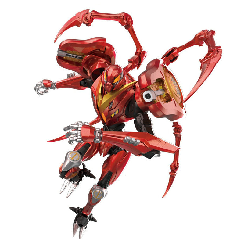 Robot SP//dr rojo armado en pose de ataque con patas de araña extendidas