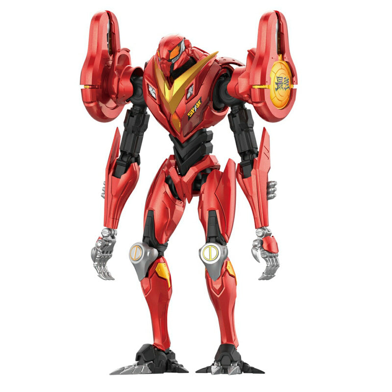 SP//dr Suit armado de pie, vista frontal en rojo metálico y dorado