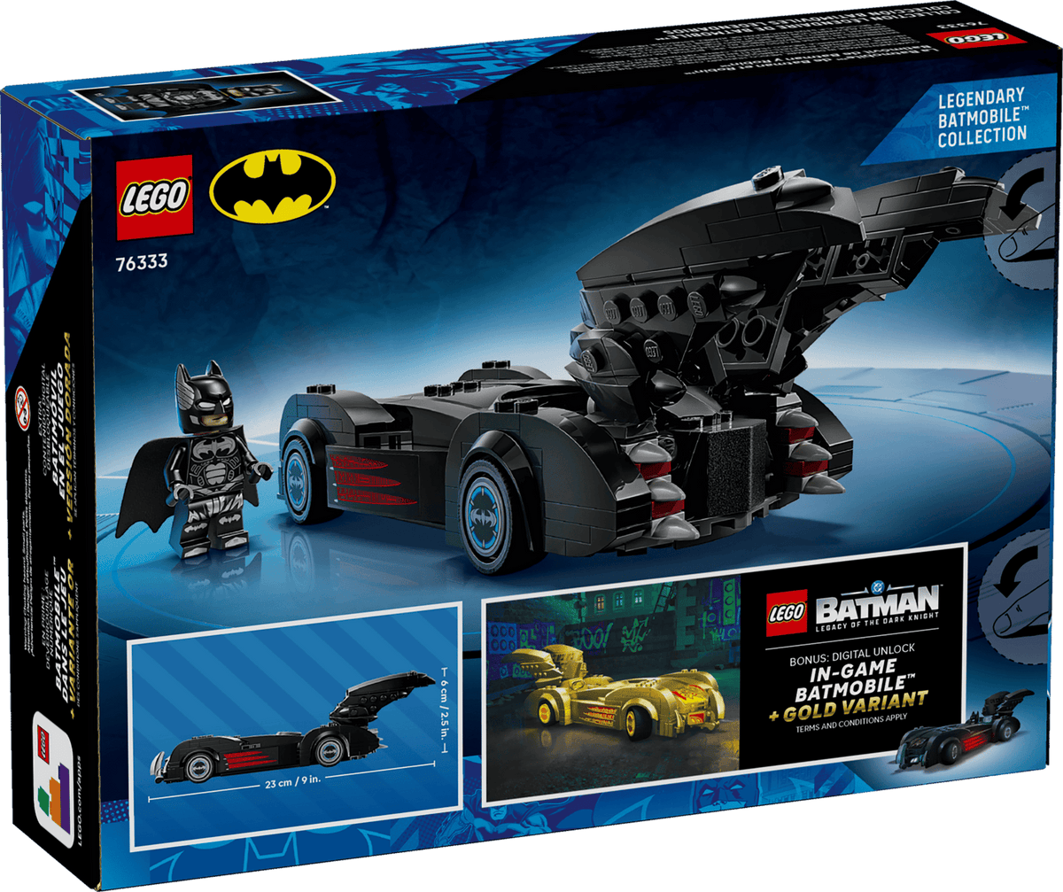 Reverso de la caja LEGO 76333 Batimóvil con medidas y bono digital
