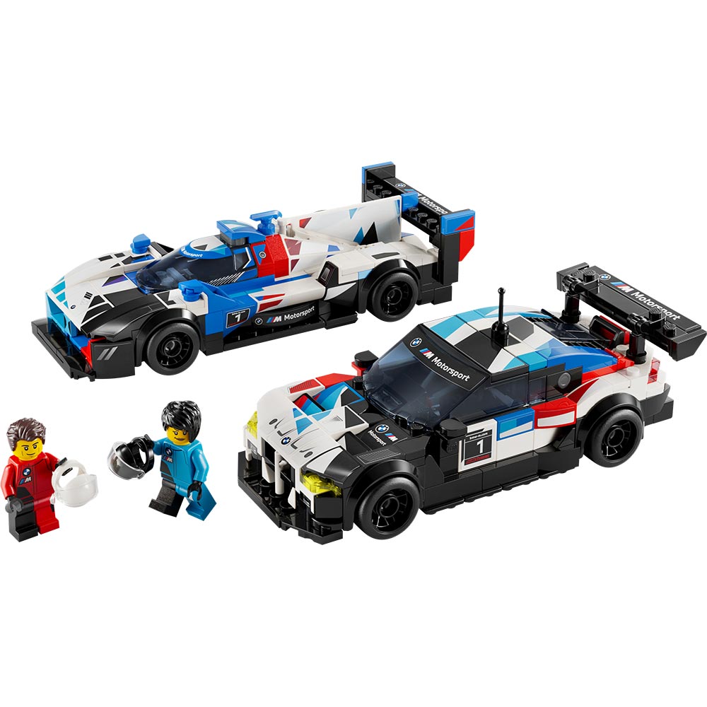 Autos BMW M4 GT3 y M Hybrid V8 armados con dos minifiguras de pilotos
