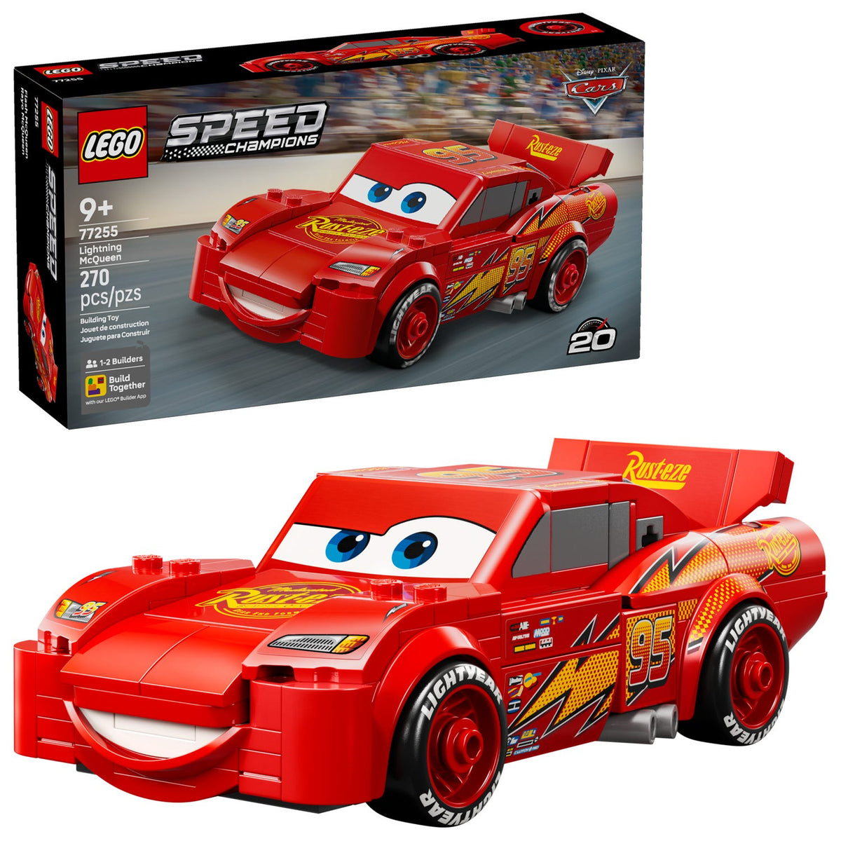 Caja del set Lego Speed Champions 77255 Rayo McQueen de 270 piezas junto al modelo armado