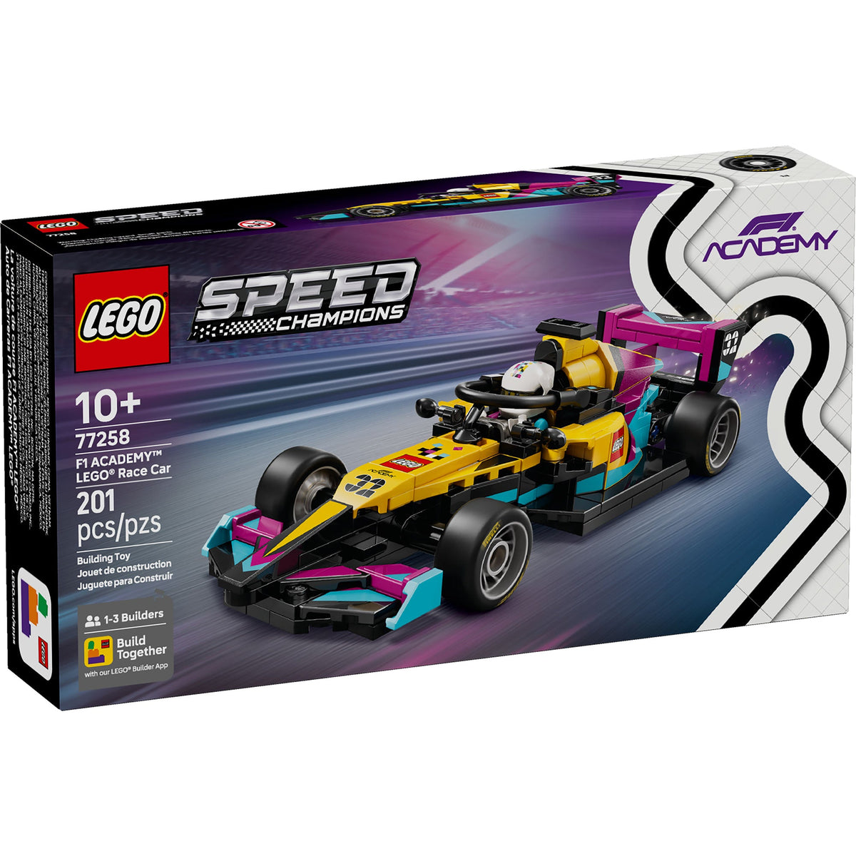 Caja del set LEGO Speed Champions 77258 auto de carreras F1 Academy de 201 piezas