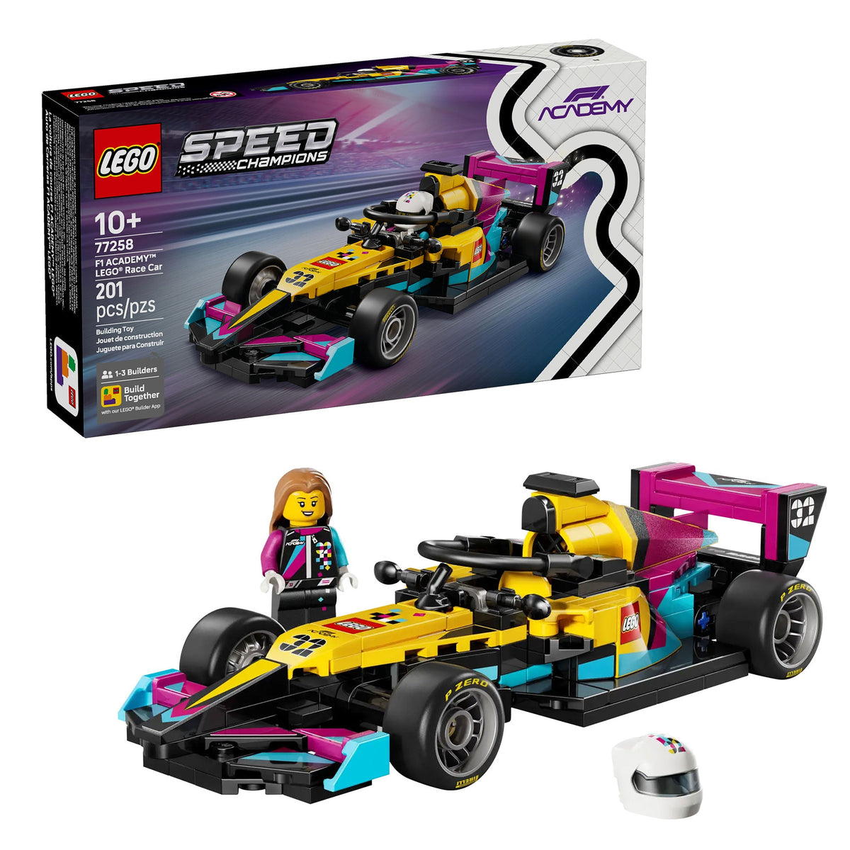 Set LEGO 77258 armado junto a su caja, con minifigura de piloto