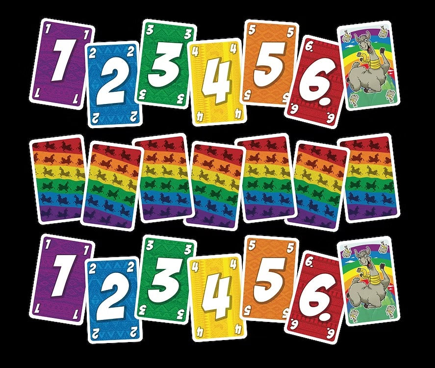 Cartas del juego Llama numeradas del 1 al 6 y cartas de llama