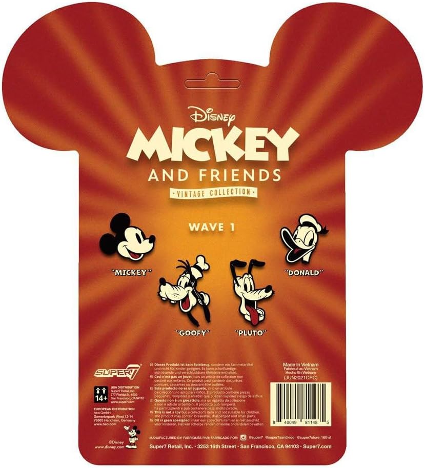 Reverso del blíster Mickey and Friends Wave 1 con Mickey, Goofy, Pluto y Donald